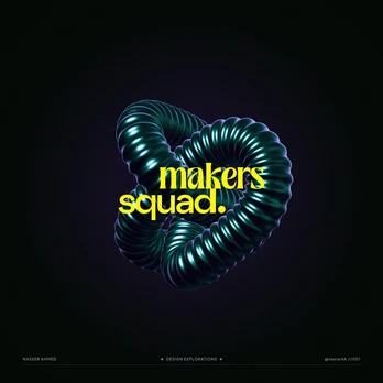 Makers squad in yellow type over a glossy teal knot form.
