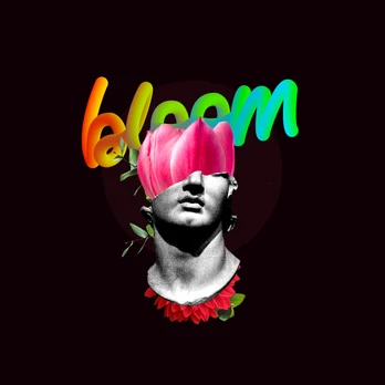 Bloom in colourful lettering above a classical bust and flowers.