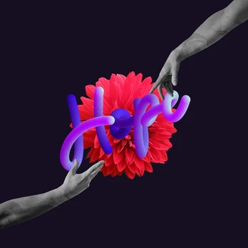 Hope in purple lettering over a red flower between two reaching hands.