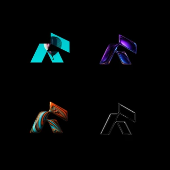 Four visual explorations of an angular A monogram on black.