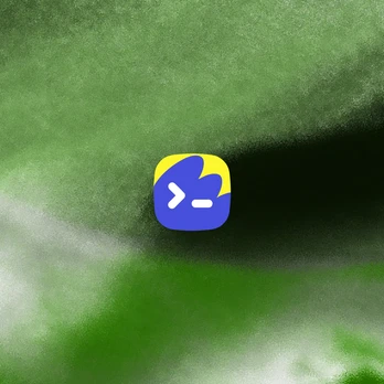 A blue and yellow terminal app icon over an abstract green texture.