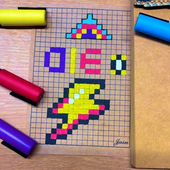 A hand-drawn pixel-art duck and spaceship on grid paper.