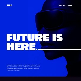 Future is here in bold white type beside a figure wearing a VR headset.