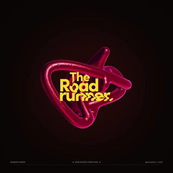 The Road Runner in yellow type over a glossy magenta knot form.