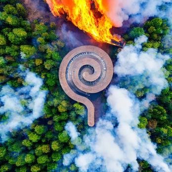 An aerial artwork of a spiral structure surrounded by a burning forest.