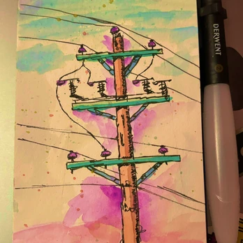A colourful ink and watercolour sketch of a utility pole.