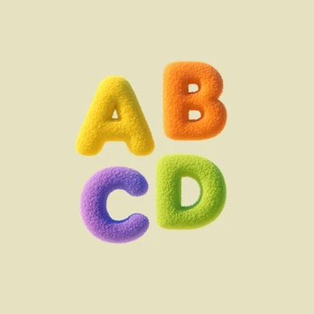 Fuzzy yellow, orange, purple and green letters arranged as A, B, C and D.