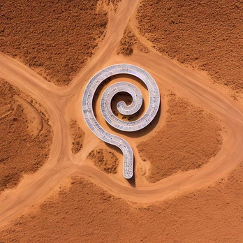 An aerial artwork of a white spiral structure in an orange landscape.