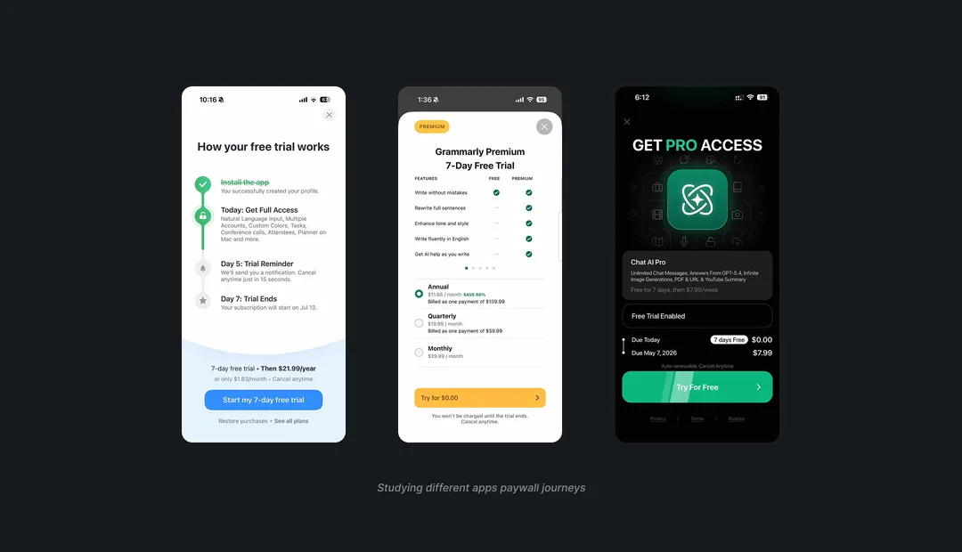 A comparison of subscription and trial screens from other mental health and wellness apps.