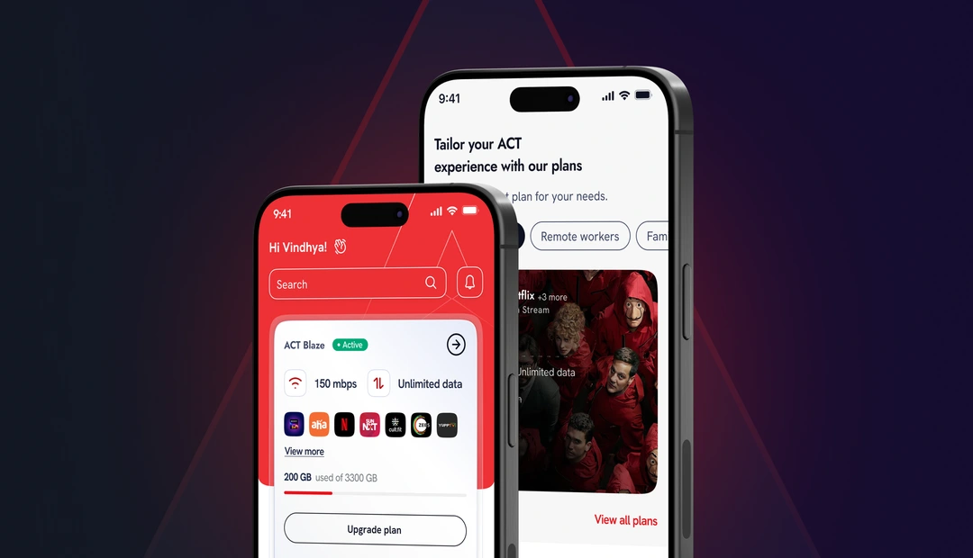 The redesigned ACT Fibernet home screen shown on two phones, with the widget system in place.