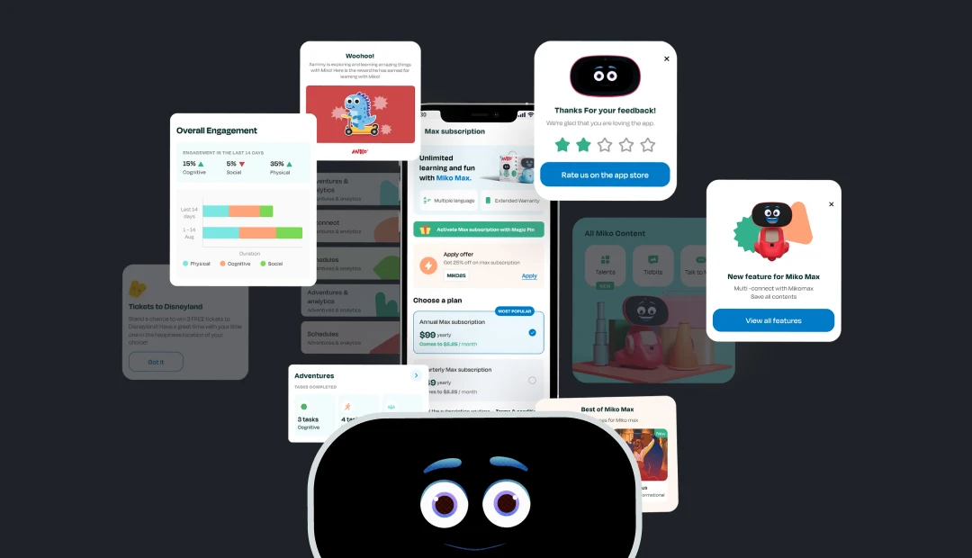 Screens from the redesigned Miko parent app, showing written insights instead of charts.