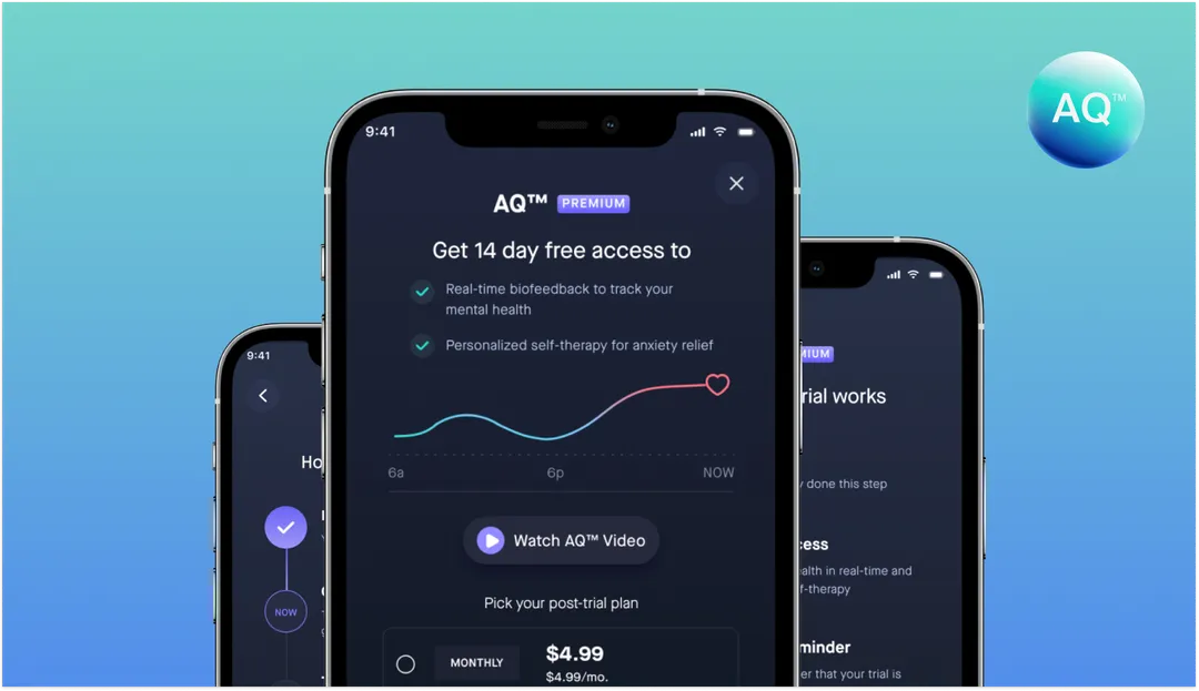 AQ Mindwell app screens and Apple Watch views arranged on a pale blue background.