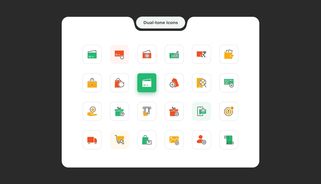 A sheet of the icon set, covering payments, receipts, settlement, reports, store and support.