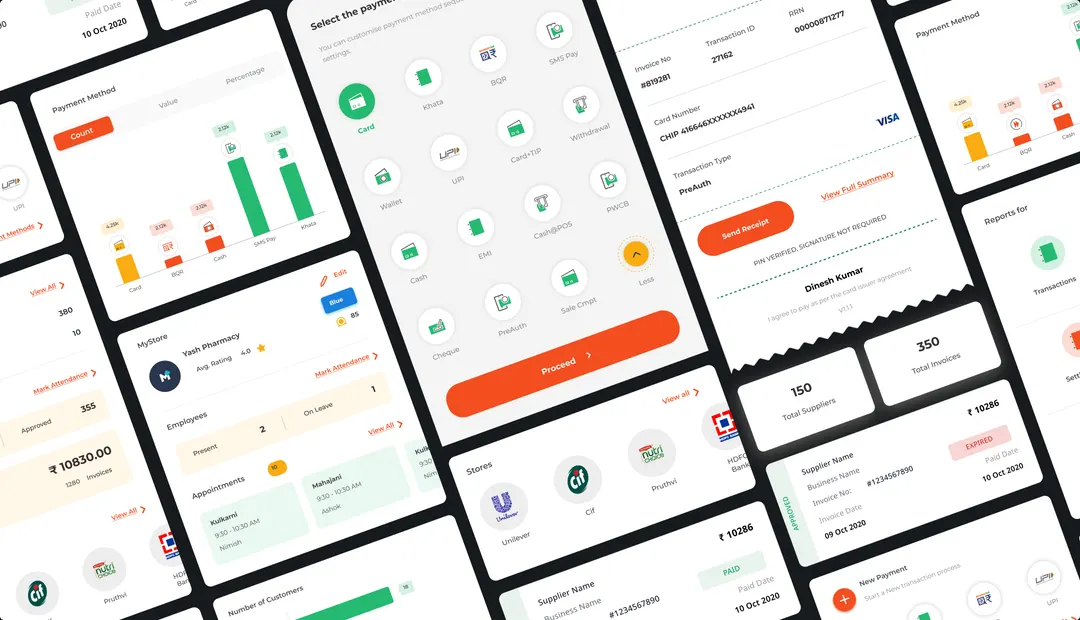 An angled collage of reusable interface patterns across reports, payments, receipts, attendance and store management.
