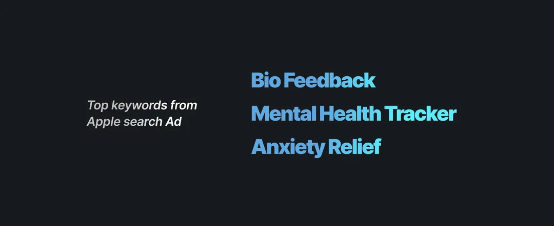 AQ app screens annotated with the search phrases mental health tracker, biofeedback, and anxiety relief.