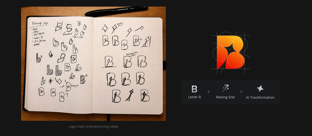 Sketchbook pages and the finished Blazeup mark drawn on its construction grid.