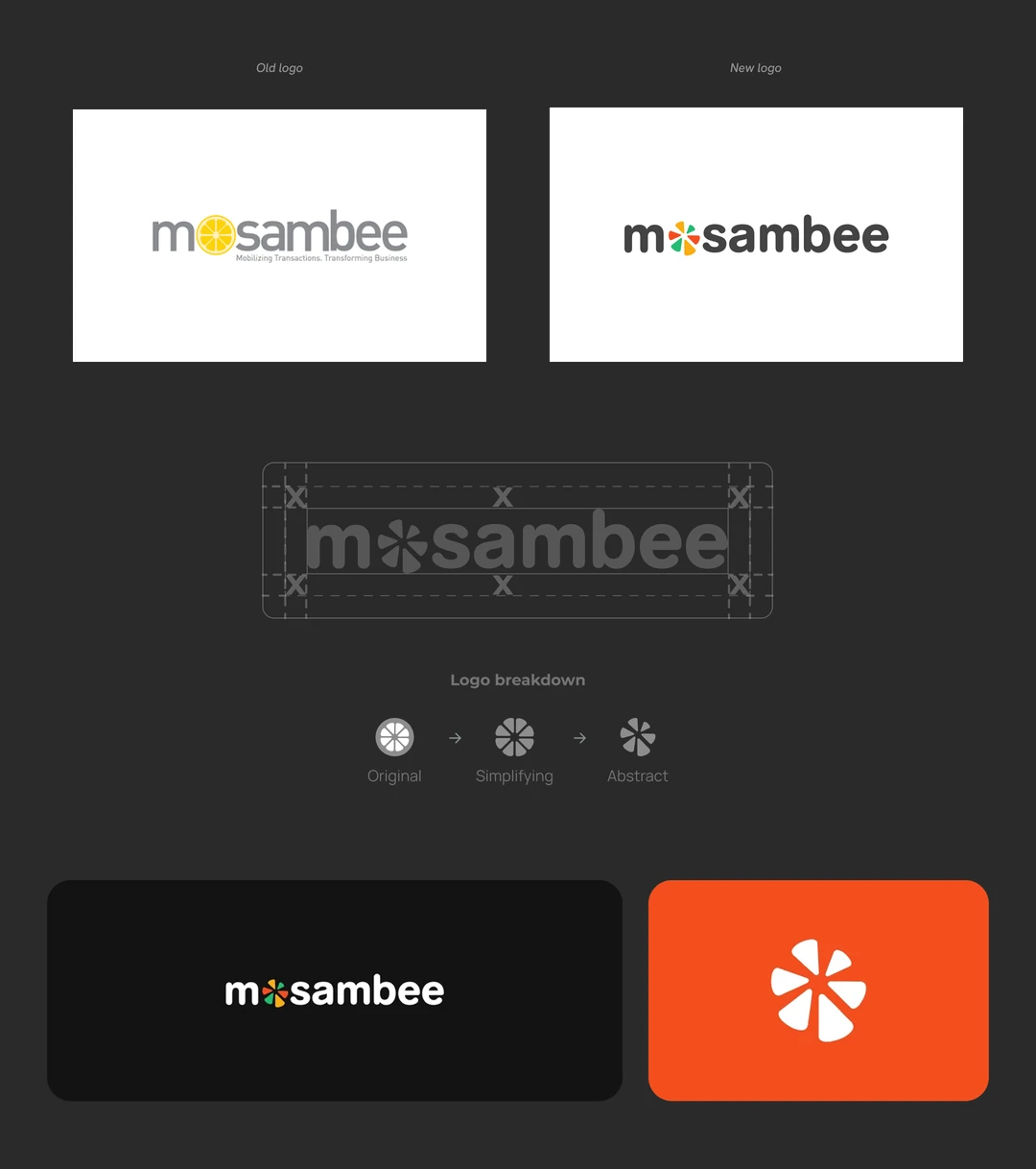 The old Mosambee logo beside the new one, the wordmark on its construction grid, the mark simplified from a sliced orange to an abstract burst, and the result as a dark lockup and an orange app icon.