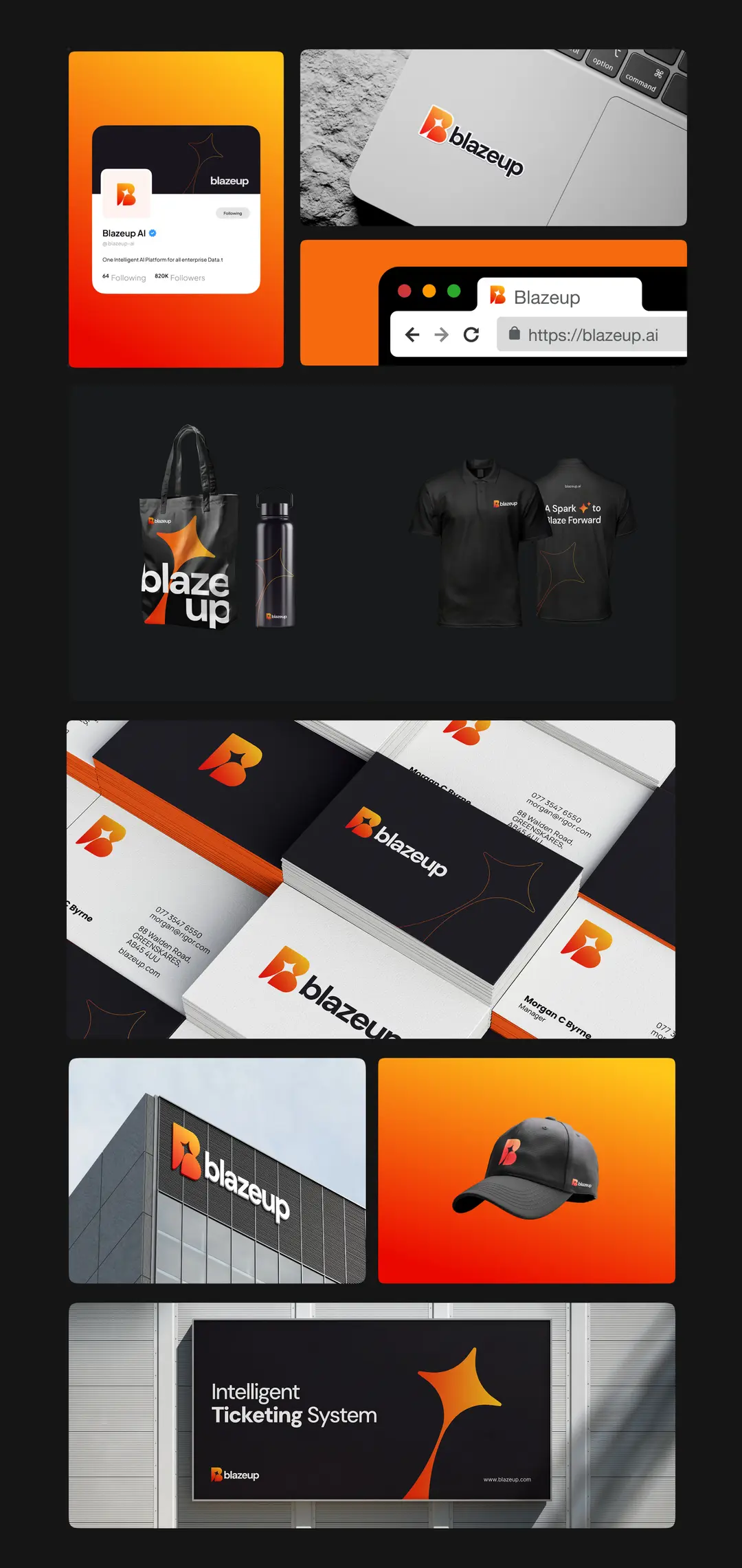 Blazeup identity applied across stationery, signage, apparel and the product interface.