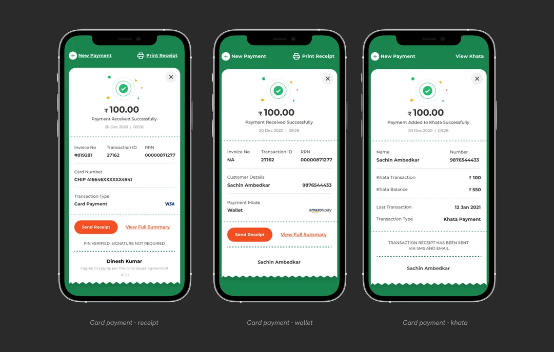 Three phones showing the same receipt template for a card payment, a wallet payment, and a Khata entry. The layout holds while the fields change.