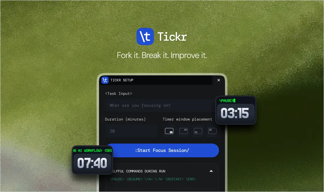 The Tickr window running on a desktop, showing a countdown and the task it is timing.