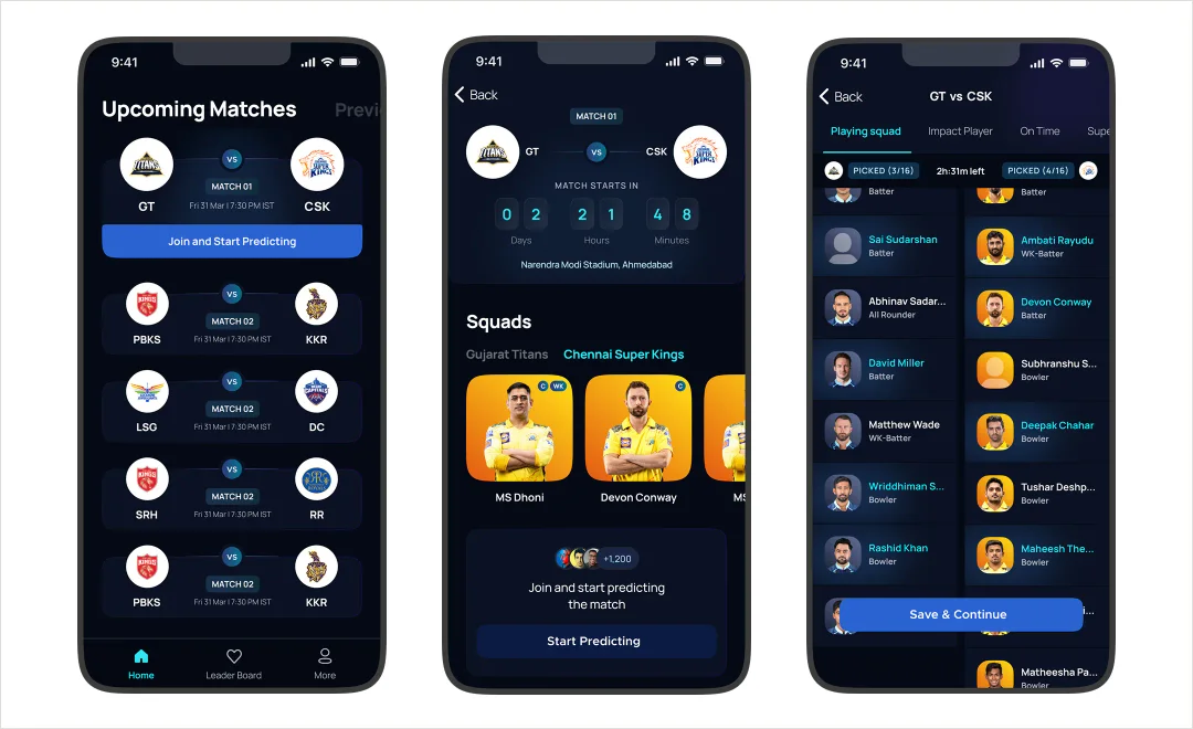 Three Impact11 launch screens showing upcoming matches, match detail and playing-squad prediction.