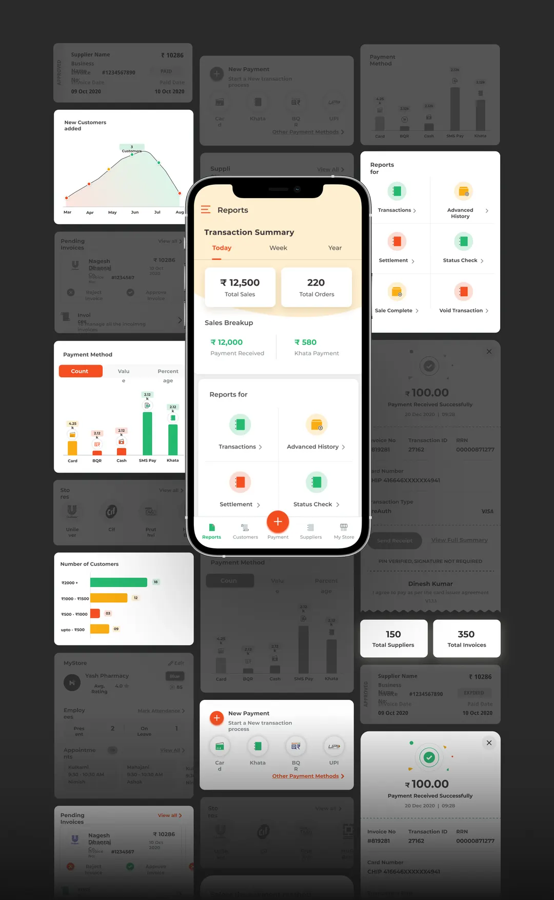 The module set end to end: dashboard, collect, receipts, reports, Khata, customers, and My Store.
