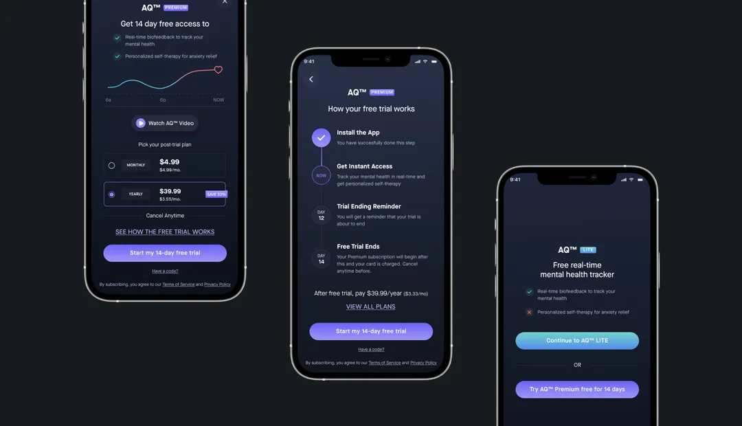 The redesigned AQ paywall, free-trial explanation, and AQ Lite exit screen.