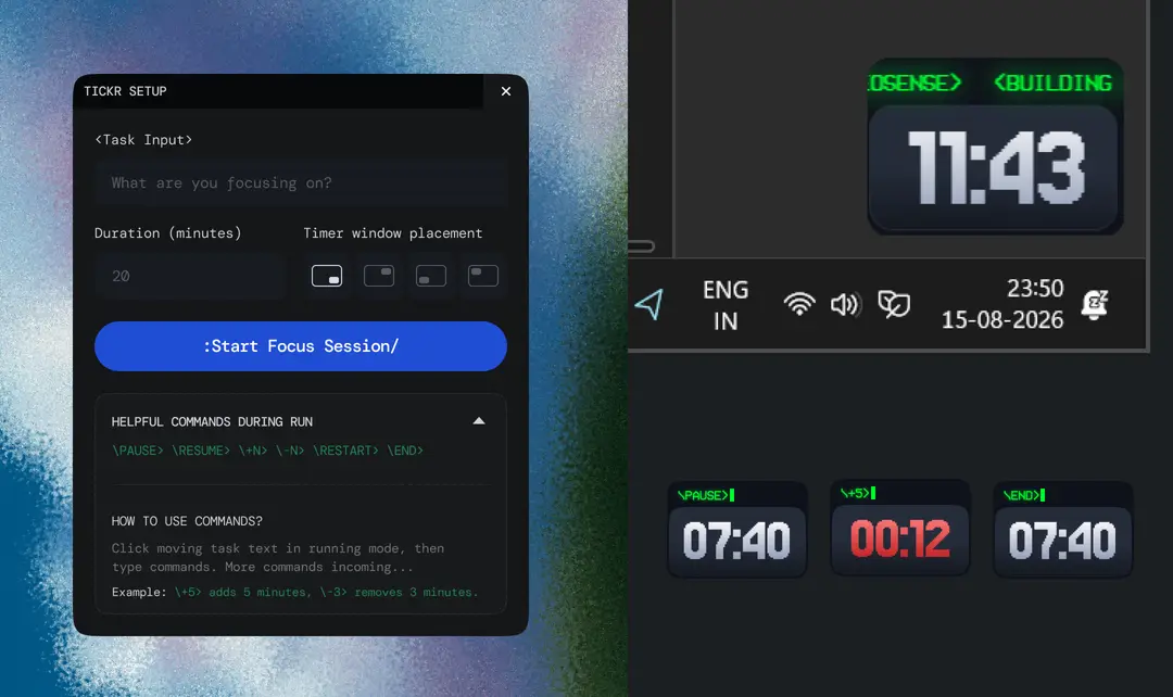 Tickr's setup panel, the running countdown, and the break and overtime states side by side.